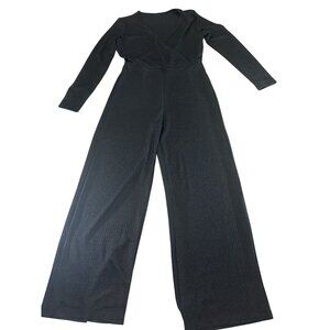 Black Long-Sleeve Ribbed Wide-Leg Jumpsuit With Surplice Neckline